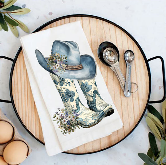 Western Blue & White Cowboy Boots Tea Towel