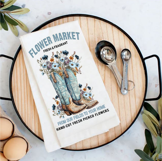 Western Cowboy Boots Flower Market Tea Towel