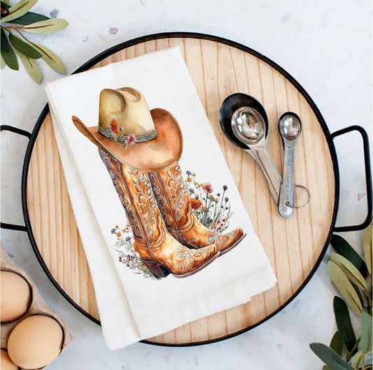 Western Cowboy Boots Country Flowers Tea Towel