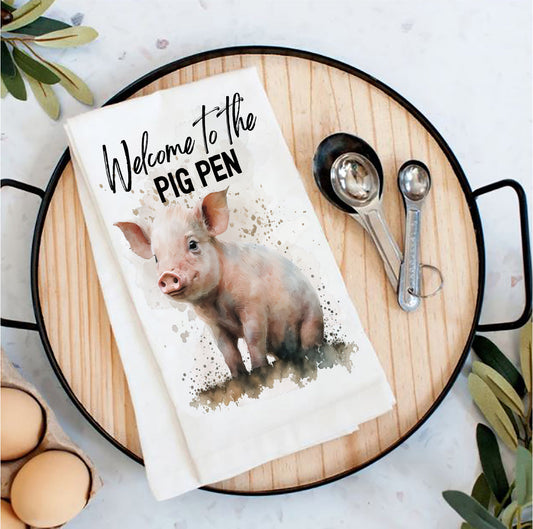 Welcome to the Pig Pen Piglet Tea Towel