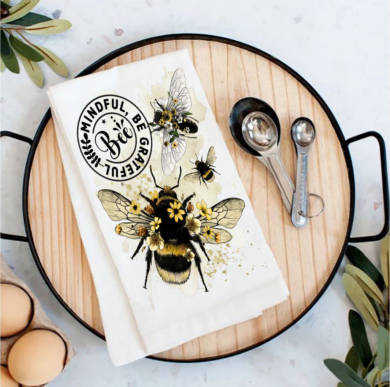 Bee Mindful Be Grateful Spiritual Tea Towel