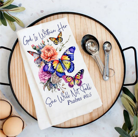 She Will Not Fall Butterfly Spiritual Tea Towel