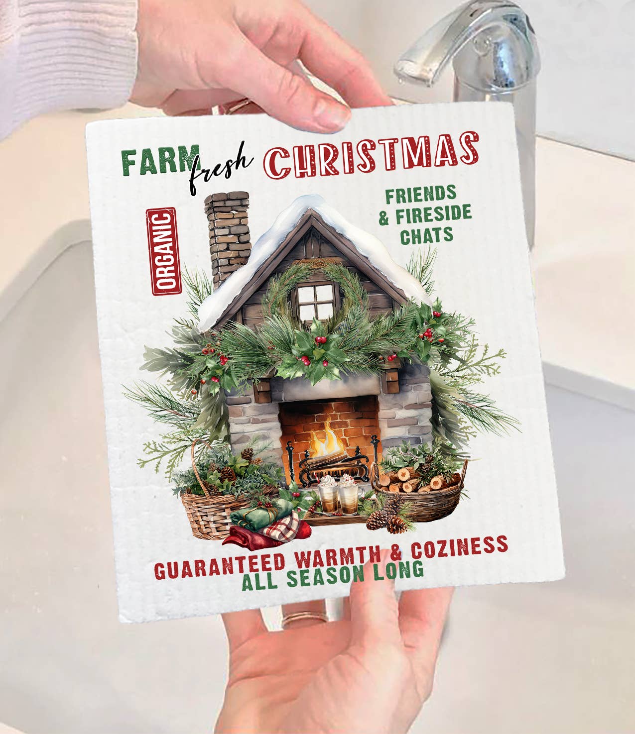 Farm Fresh Christmas Fireplace  Swedish Dishcloth-Sets of 2