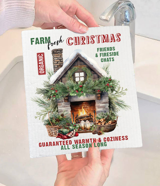 Farm Fresh Christmas Fireplace  Swedish Dishcloth-Sets of 2