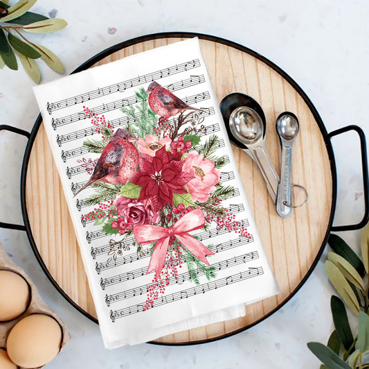 Christmas Red Cardinals Musical Notes Tea Towel