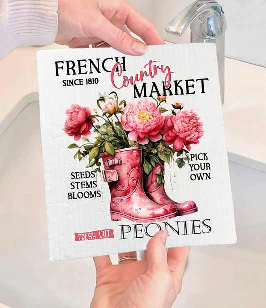 Set of 2 - French Country Market Peonies SWEDISH DISH CLOTH
