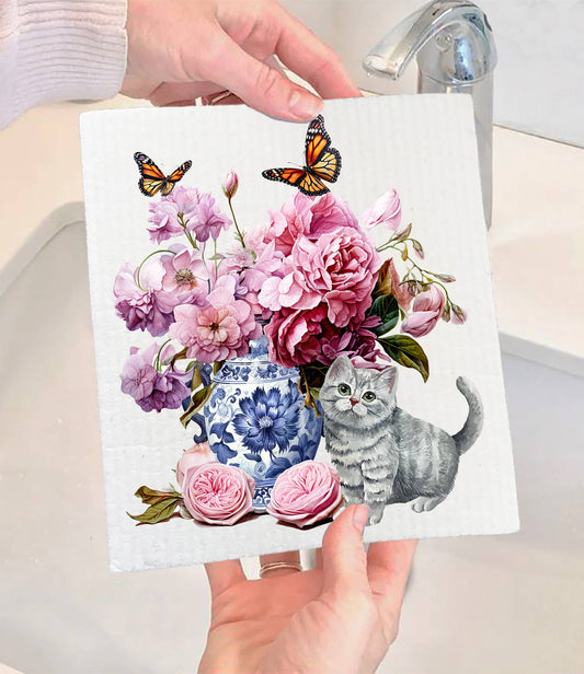 Set of 2 - Grey Kitten Flowers Vase Butterflies SWEDISH DISH CLOTH