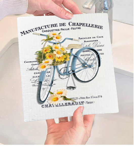 Vintage French Daisy Bicycle Shabby Chic Swedish Dishcloth-Set of 2