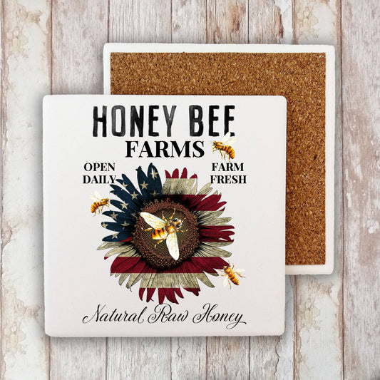 Honey Bee Patriotic Sunflower Stone Coaster