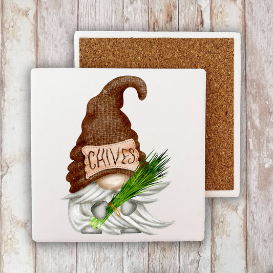 Gnome Herbs Chives  Stone Coaster