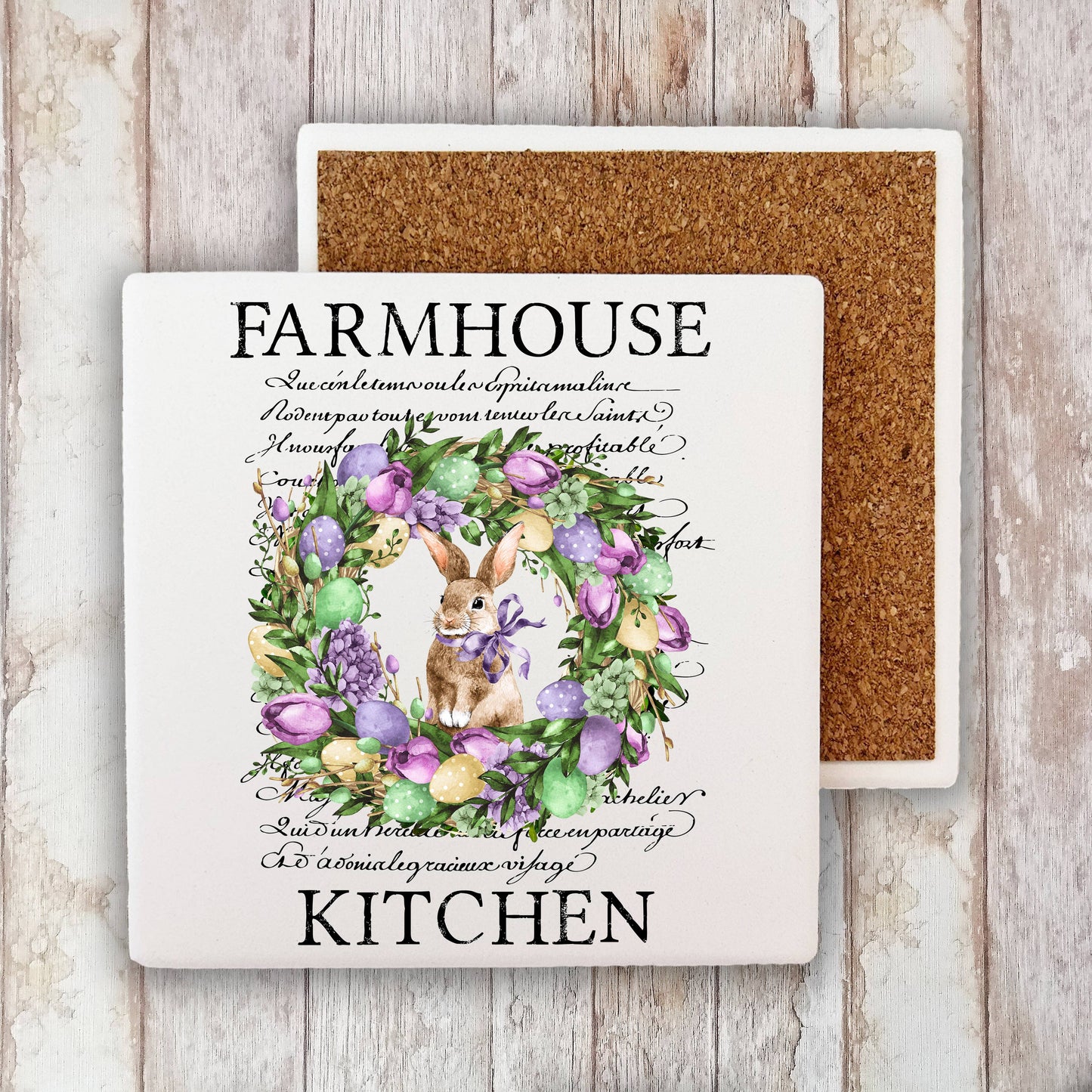 Farmhouse  Easter Bunny Wreath Stone Coaster