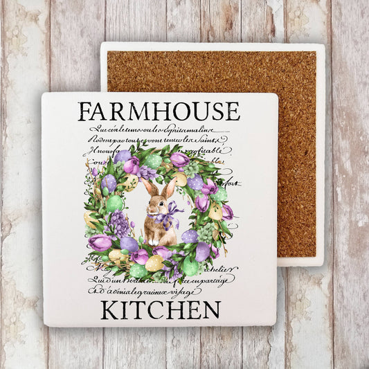 Farmhouse  Easter Bunny Wreath Stone Coaster