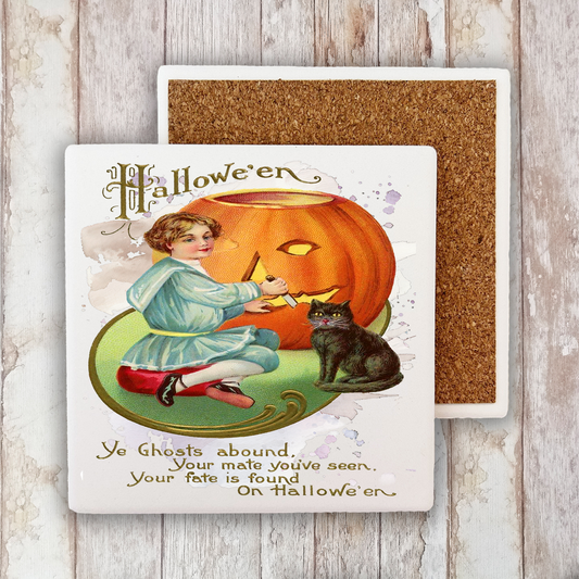 Halloween Vintage Pumpkin Black Cat Stone Coaster (Set of 2)