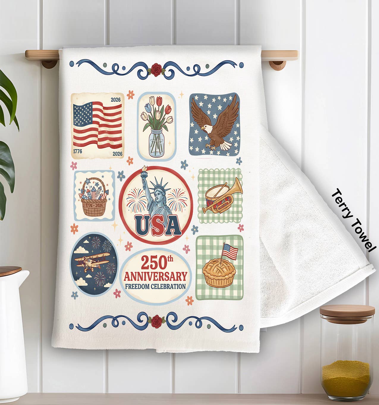 Patriotic Collage 250 Anniversary America Terry Towel