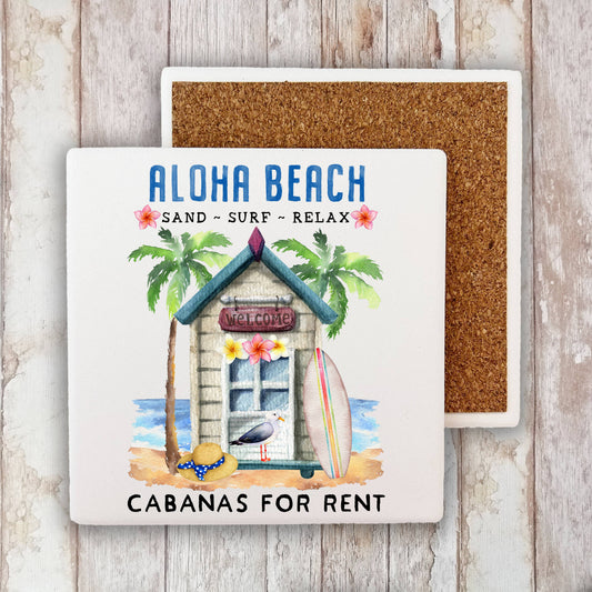 Aloha Beach Cabanas Ocean Surf Stone Coaster