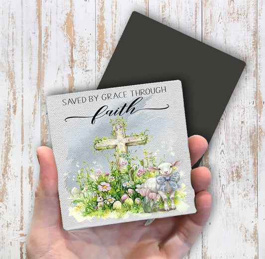 Saved by Grace Easter Lamb Cross Magnet Fridge