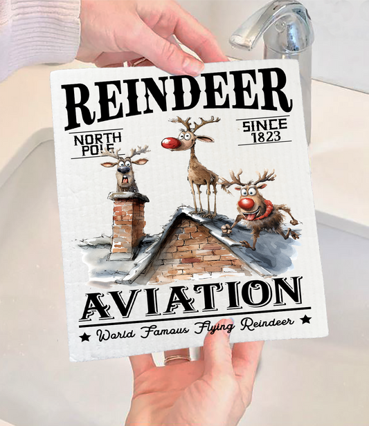 Christmas Reindeer Aviation Flying Swedish Discloth (Set of 2)