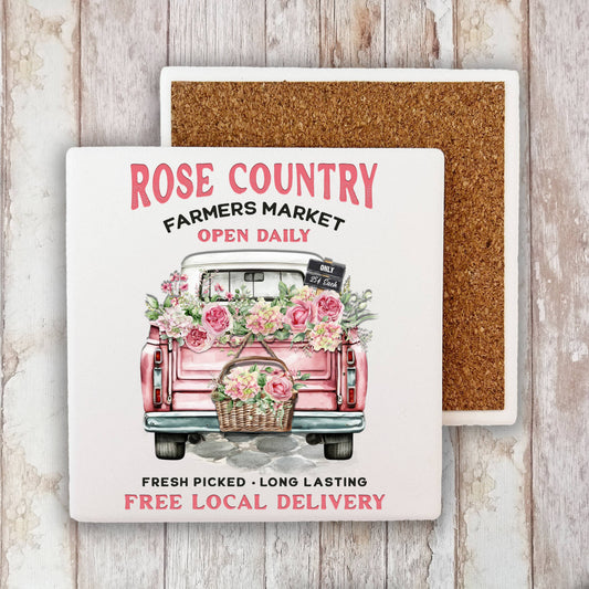 Country Rose Pink Pick Up Truck Stone Coaster