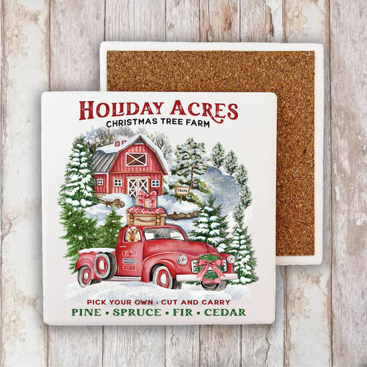 Christmas Holiday Acres Tree Farm  Stone Coaster-Sets of 2
