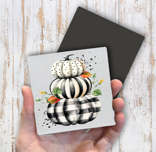 Fall Black and White Checkered Pumpkins Magnet Fridge (Set of 2)