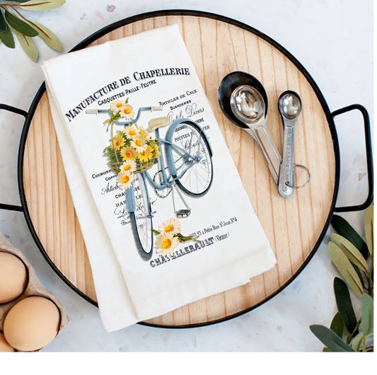 Vintage French Daisy Bicycle Shabby Chic Tea Towel