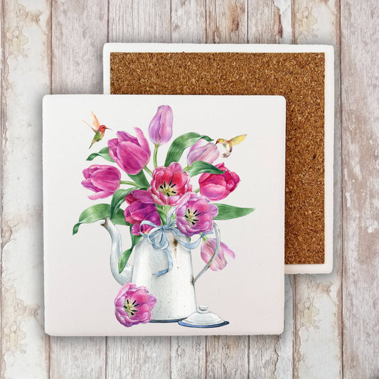 Spring Garden Tulips Hummingbirds Stone Coaster