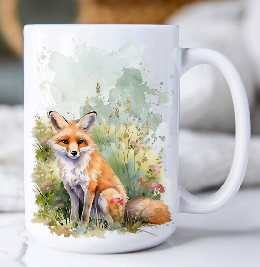 Fox Animal in Grass Flowers Coffee Mug