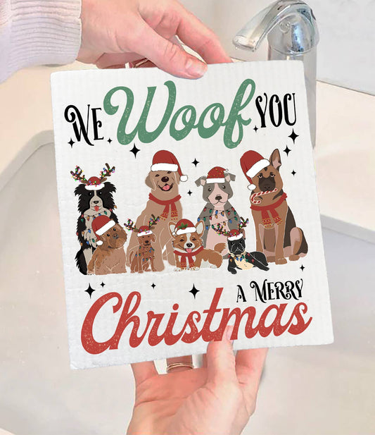We Woof You Merry Christmas Dogs Swedish Dishcloth-Sets of 2