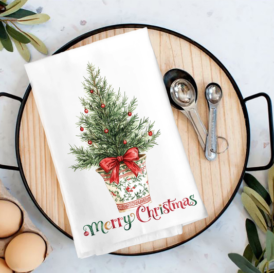 Christmas Watercolor Toile Tree Tea Towel