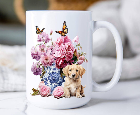 Golden Retreiver Puppy Vase Flowers 15 oz Coffee Mug