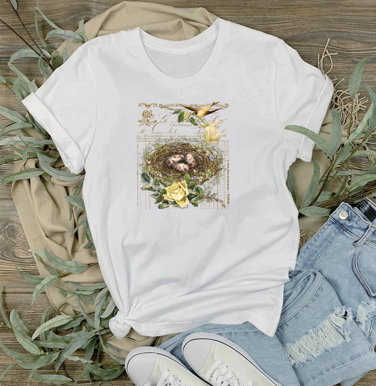 Vintage Shabby Chic Birds Nest Roses T-Shirt