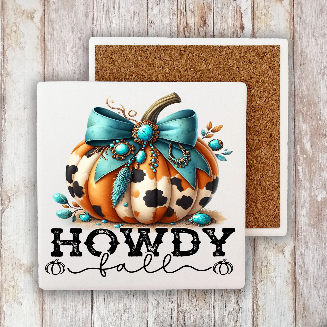 Howdy Fall Turquoise Pumpkin Stone Coaster (Set of 2)