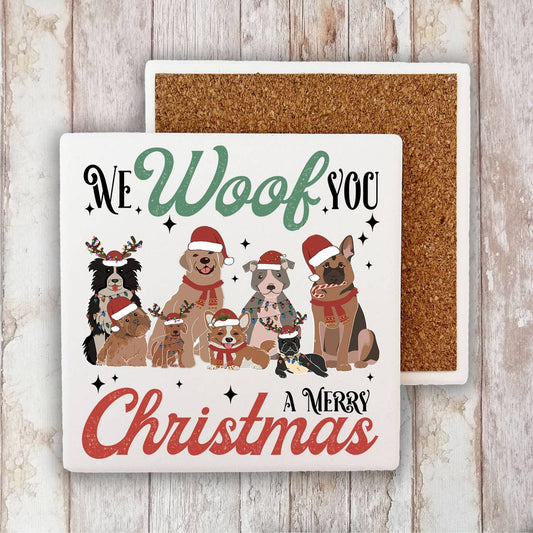 We Woof You Merry Christmas Dogs Stone Coaster-Sets of 2