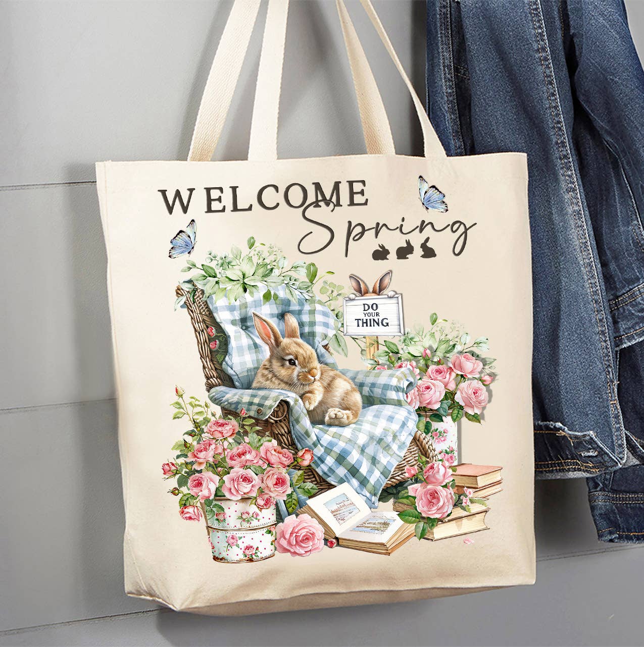 Welcome Spring Bunny Flowers Canvas Tote Bag