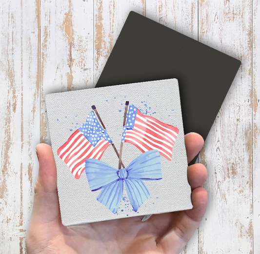 Patriotic Watercolor Flag Bow Magnet Fridge (Set of 2)