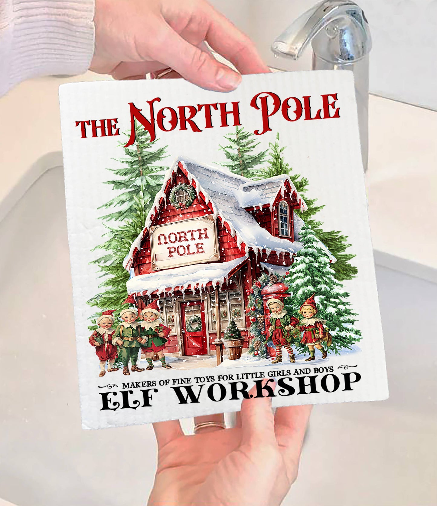 Christmas Vintage North Pole Elfs Swedish Dishcloth (Set of 2)