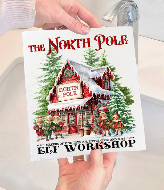 Christmas Vintage North Pole Elfs Swedish Dishcloth (Set of 2)