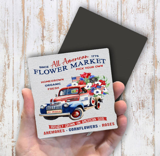 All American Patriotic Flower Truck Magnet Fridge - Sets of 2