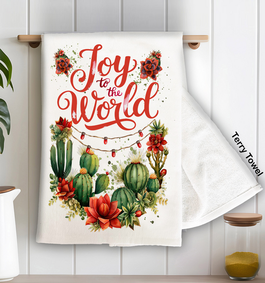Christmas Joy to the World Cactus Kitchen Terry Towel
