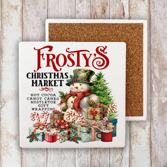 Frosty's Christmas Market Snowman  Stone Coaster-Sets of 2