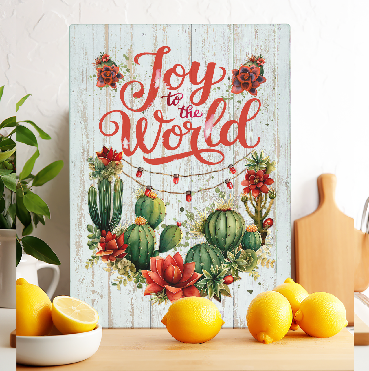 Glass Cutting Board Christmas Joy to the World Cactus