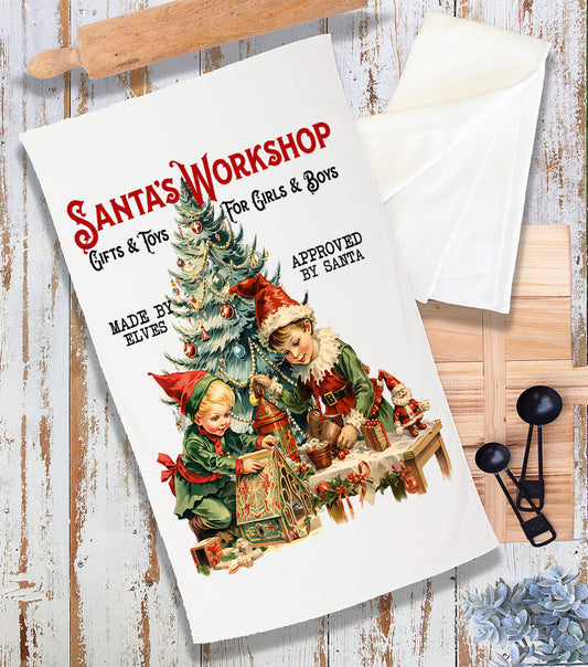 Christmas Vintage Elfs Workshop Terry Towel