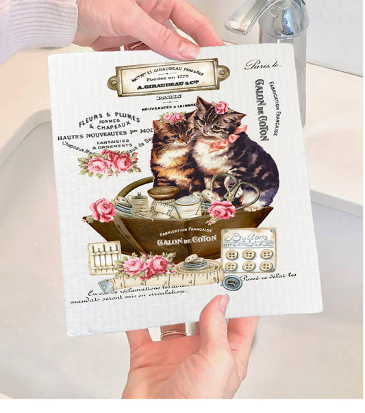 Country Vintage Fench Kittens Cats Swedish Dishcloth-Set of 2