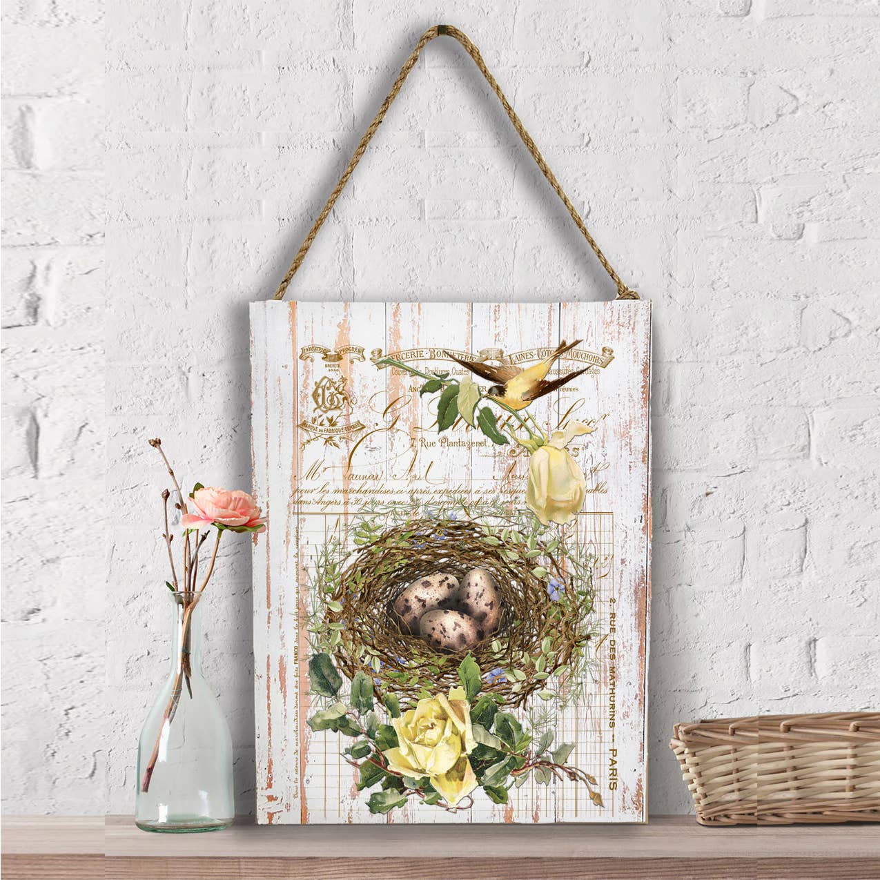 Vintage Shabby Chic Birds Nest Roses Wall Decor
