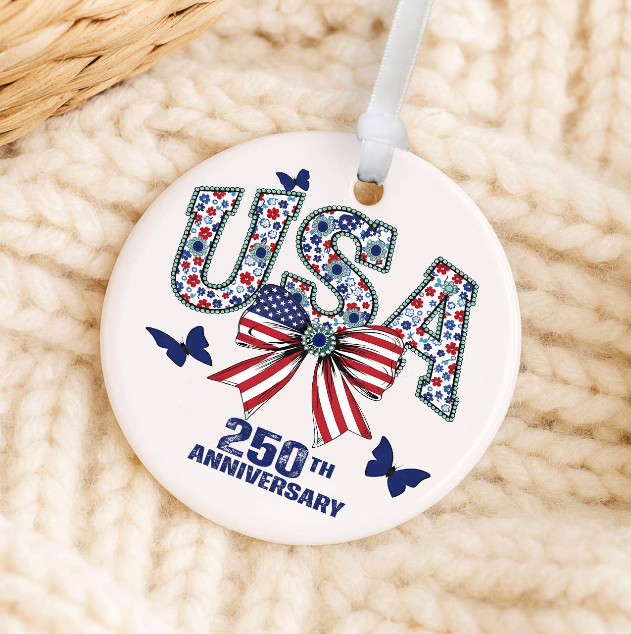 Patriotic USA Bow 250 Anniversary America Ornament
