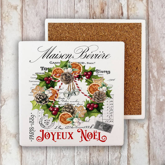 Joyeux Noel Christmas Wreath Stone Coaster-Sets of 2