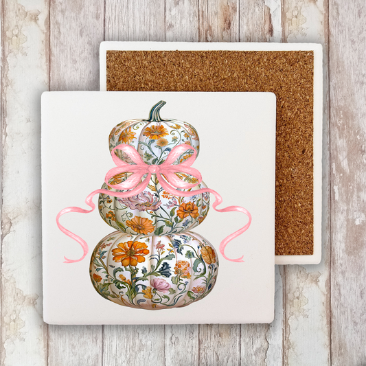 Fall Chinoiserie Floral Pumpkins Stone Coaster (Set of 2)