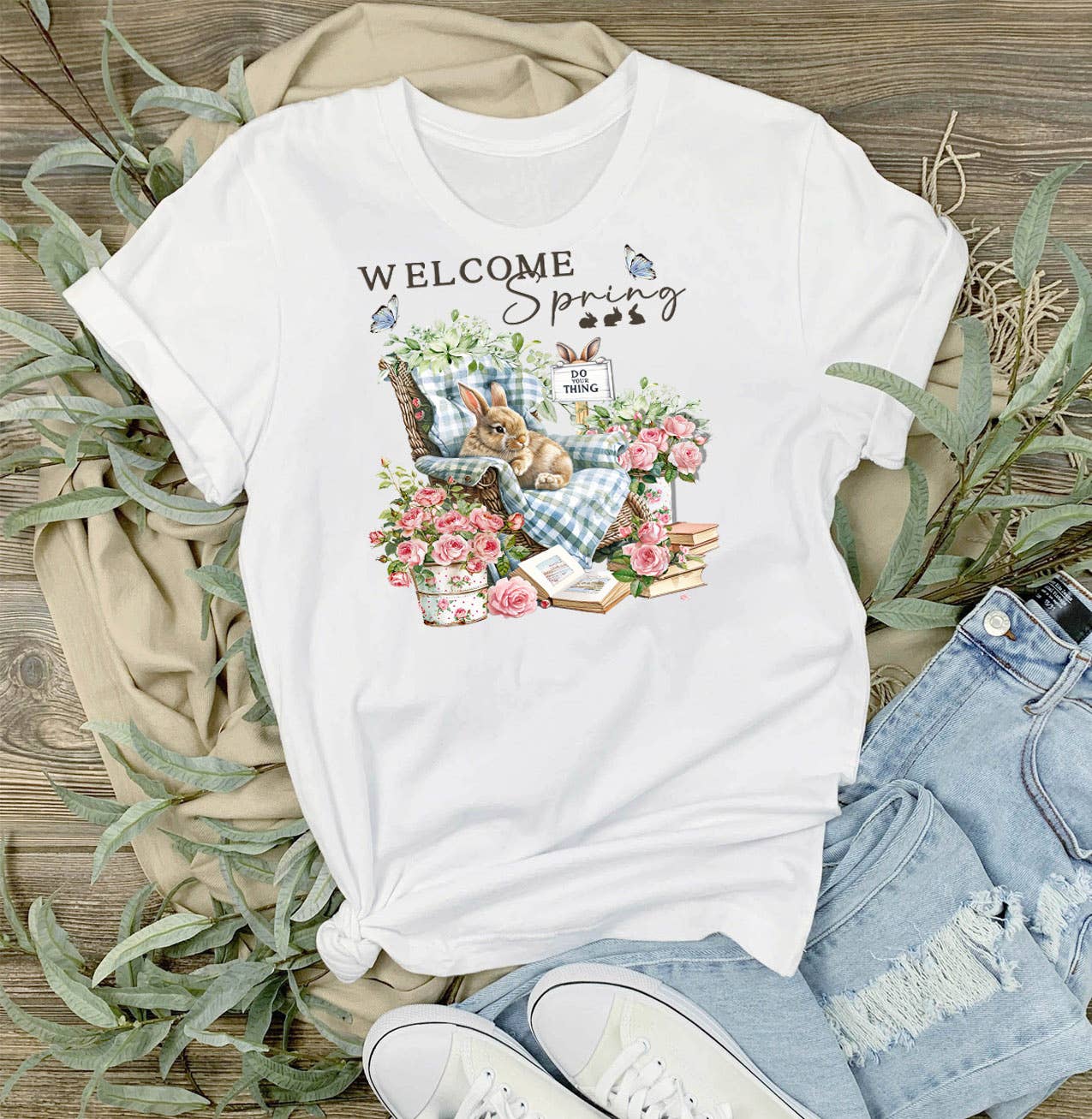 Welcome Spring Bunny Flowers T-Shirt