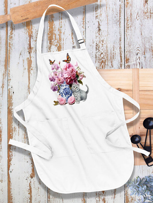 Grey Kitten Flowers Vase Butterflies Kitchen Cotton Apron