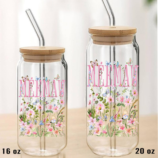 Mother's Day Wild Flowers Meemaw Can Glass with Lid Straw